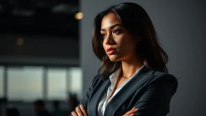 Professional female actor in contemplative pose, studio lighting, dramatic shadow, sophisticated clothing, thoughtful expression, modern professional setting, depth of field background blur