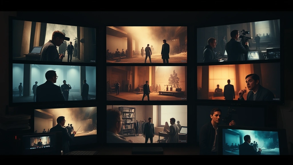 Film archive aesthetic showing multiple screens displaying different dramatic scenes, warm color grading, cinematic lighting setup, professional post-production environment, no visible text or interface elements