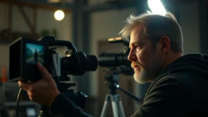 Filmmaker reviewing footage on professional cinema camera monitor during production setup, natural studio lighting, focused intense expression analyzing digital footage