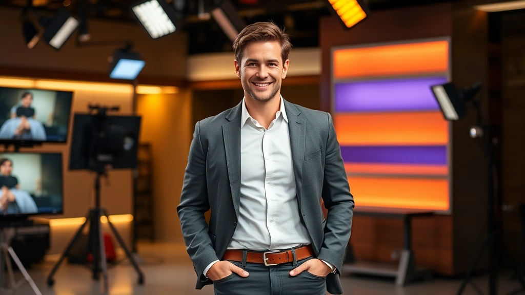 Professional actor in casual business attire standing in modern television studio set with warm lighting, confident relaxed posture, natural expression reflecting approachability and professionalism