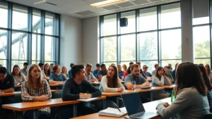 Students sitting in a modern lecture hall with natural sunlight streaming through large windows, diverse group engaged in discussion, notebook and laptop visible on desk, warm academic atmosphere