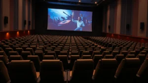 Modern multiplex cinema auditorium interior with comfortable reclining seats, warm ambient lighting, and large projection screen displaying movie preview, empty rows showing seat quality and spacing, professional theater environment with clean architecture and contemporary design elements