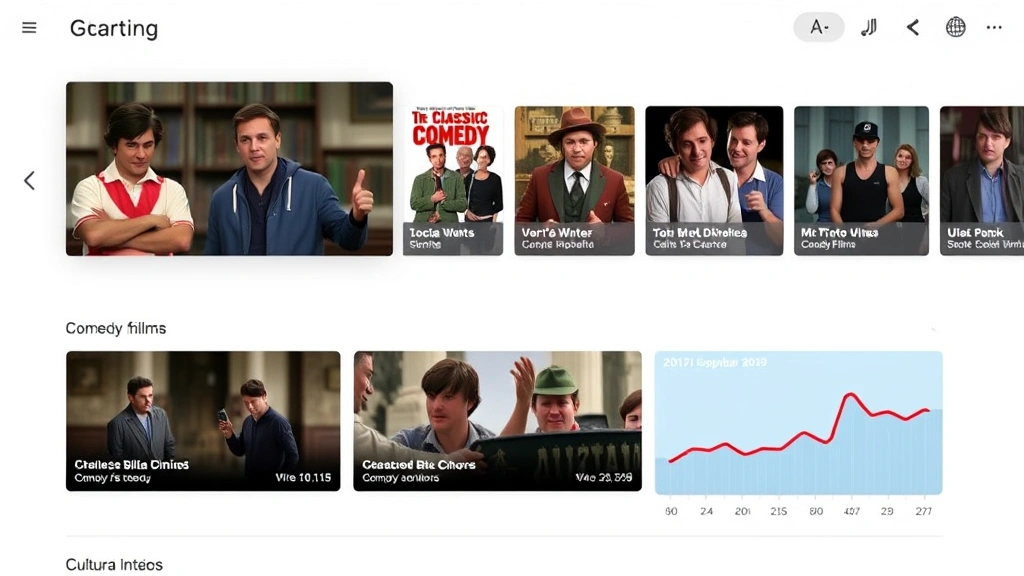 Digital streaming interface displaying classic comedy films with user engagement metrics, social media clips of iconic moments, platform analytics showing viewership patterns and cultural trends