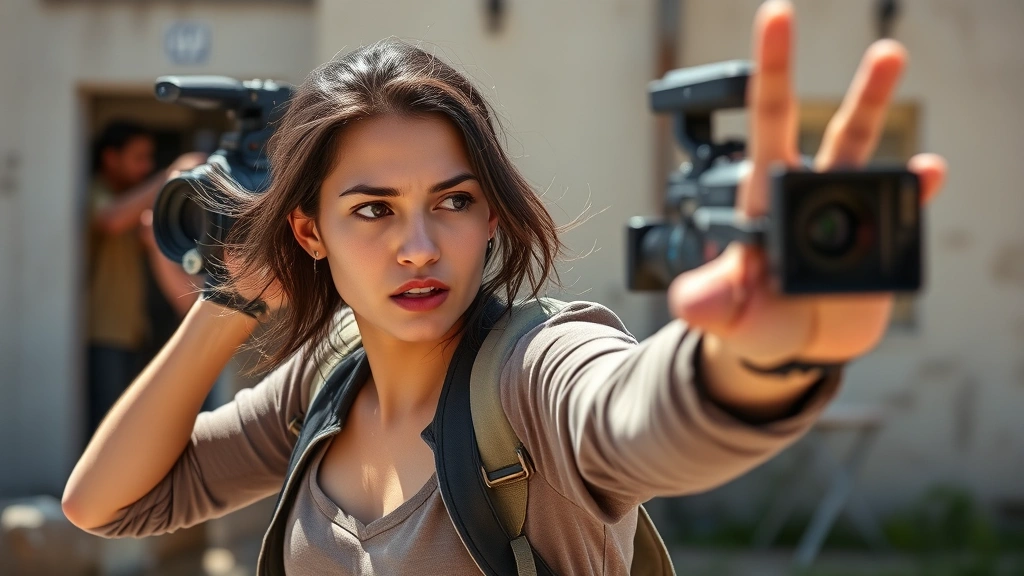 Young woman in action sequence, dynamic pose suggesting movement, outdoor filming location, natural lighting, determined expression, genre television production quality