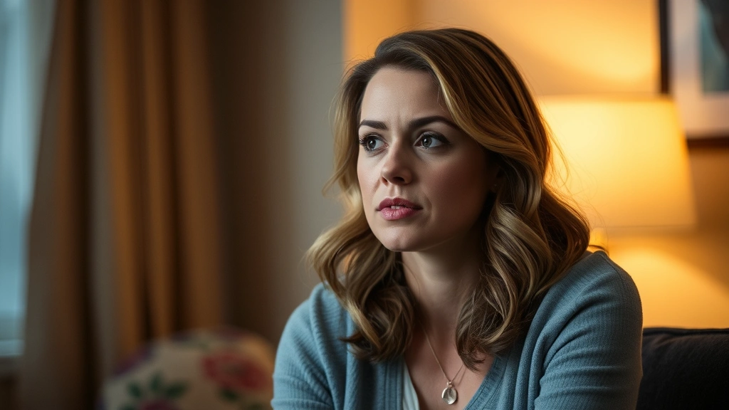 Actress in thoughtful moment, introspective expression, indoor setting with warm lighting, character development moment, television drama scene aesthetic