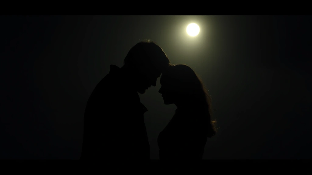 Moody cinematic scene of two figures silhouetted against dim atmospheric lighting, suggesting psychological tension and intimate conflict, professional film still aesthetic, dramatic shadows and muted color palette