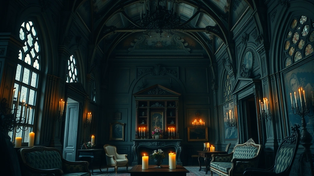 Ornate gothic interior with decaying architectural elements, candles casting flickering light on vintage furnishings, creating haunting romantic atmosphere, cinematic production design quality