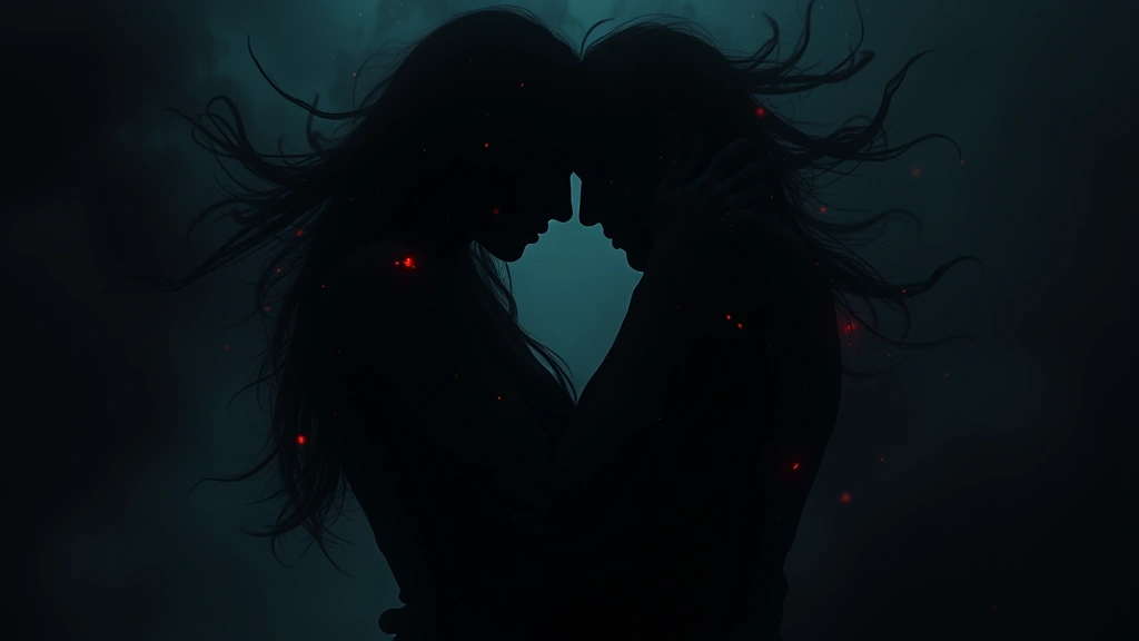 Abstract visualization of two intertwined figures dissolving into darkness, representing psychological complexity and emotional intensity of dark romance relationships, artistic cinematography style