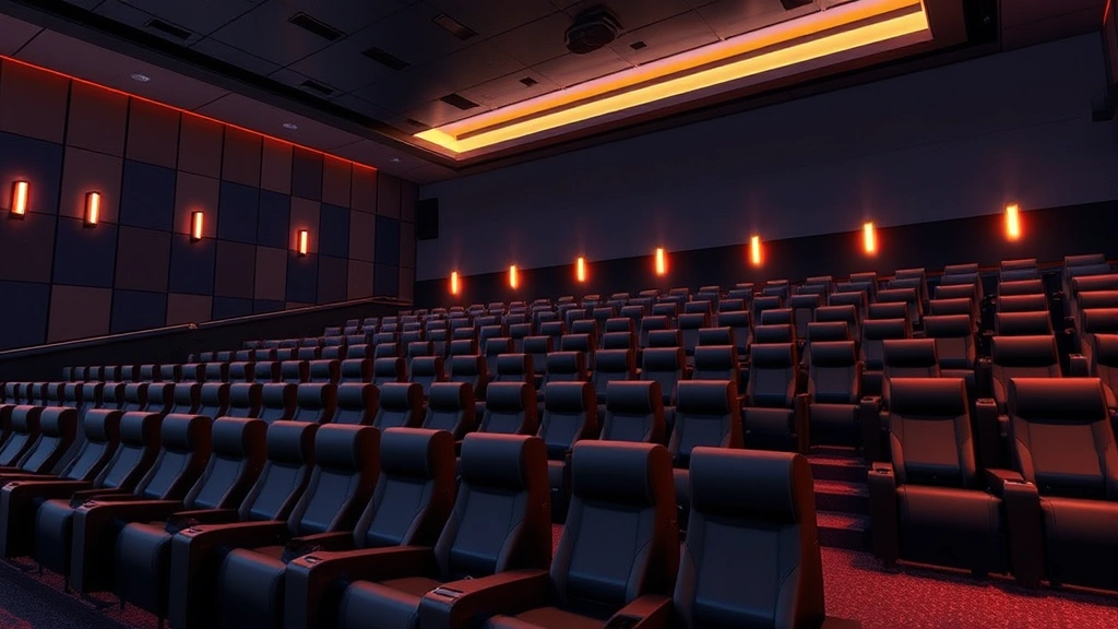 Modern movie theater interior with comfortable reclining seats, stadium seating, and warm ambient lighting creating an inviting cinematic atmosphere, photorealistic digital rendering