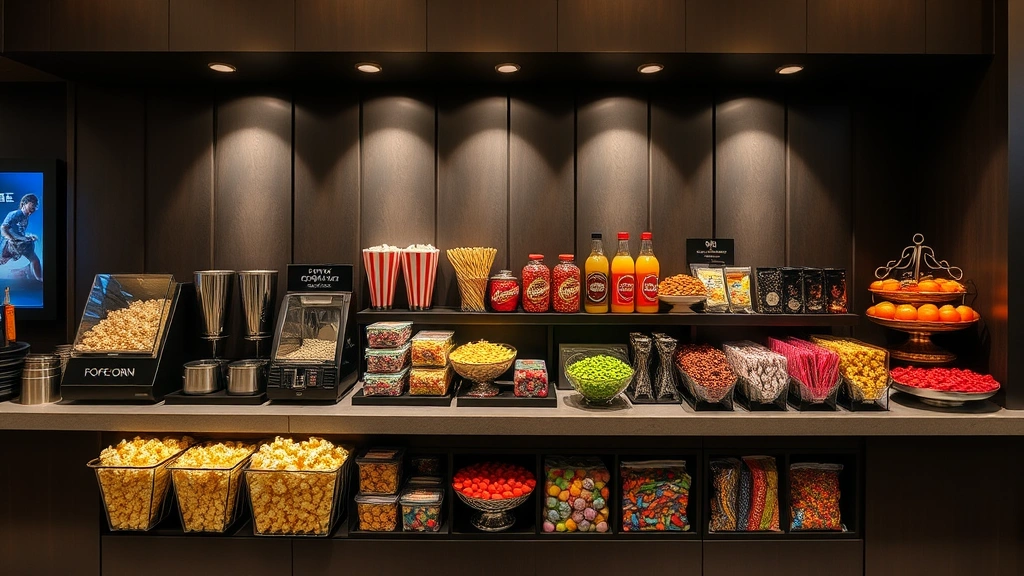 Movie theater concession counter with gourmet popcorn varieties, premium beverages, and candy displays, featuring sophisticated presentation and appetizing arrangements
