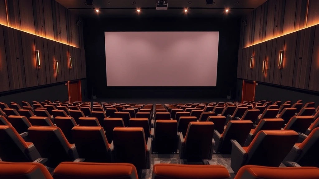Modern cinema theater interior with comfortable seating facing large blank screen, warm ambient lighting, empty auditorium ready for screening, professional theatrical environment