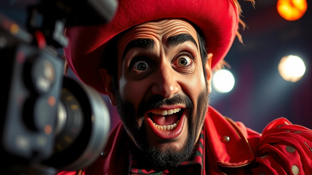 Close-up of a performer in vibrant costume with exaggerated theatrical expression, stage lights creating dramatic shadows, emphasizing physical comedy and character work in professional film production setting