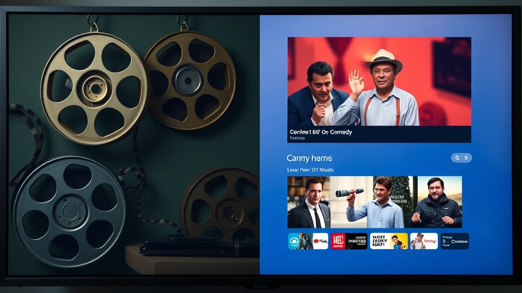 Split-screen showing vintage film reels and modern digital streaming interface, representing evolution of comedy cinema distribution across different media platforms and technological eras