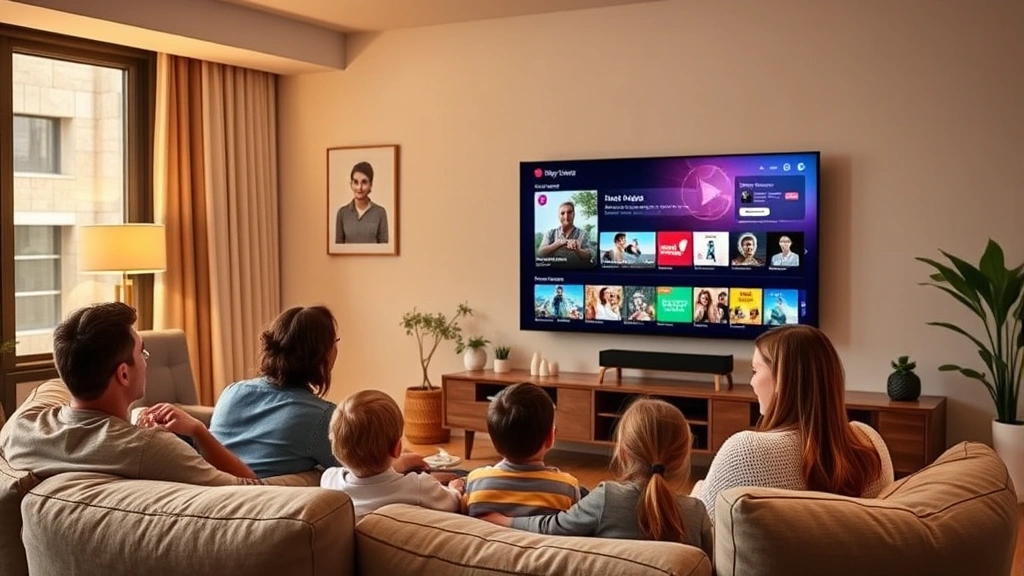 Modern home entertainment setup with large-screen TV displaying streaming interface, cozy living room environment, warm lighting, family watching content together from comfortable seating