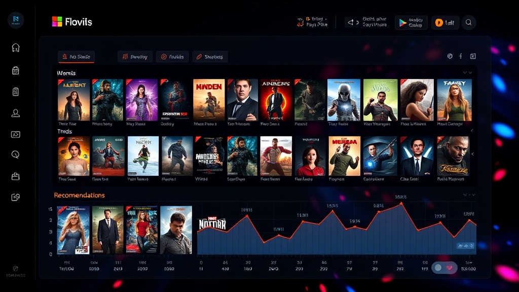 Digital streaming platform dashboard with colorful movie thumbnails and recommendation algorithm visualization, abstract data visualization elements, glowing interface design, no visible text or UI labels