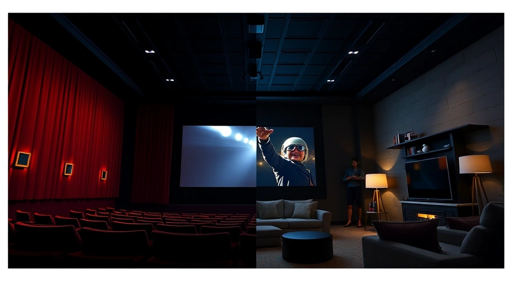 Split-screen concept showing contrast between IMAX theater interior with dramatic lighting and intimate home viewing space, cinematic atmosphere versus comfort, visual representation of distribution choices