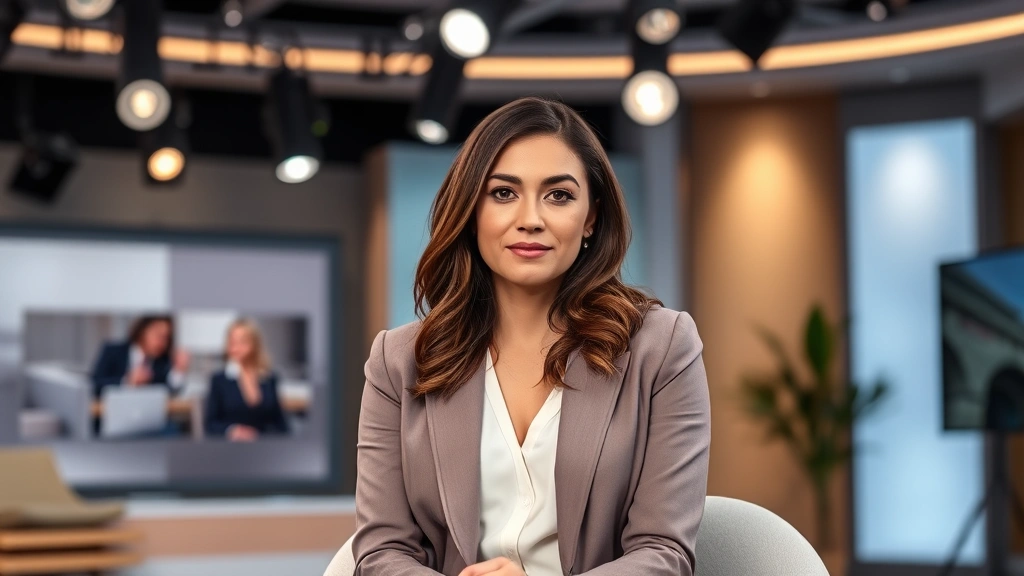 Professional woman in modern television studio setting with sophisticated lighting, wearing stylish professional attire, seated at contemporary talk show set with neutral background, confident composed expression, daylight studio environment