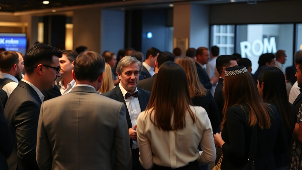 Entertainment industry networking event scene showing diverse professionals in elegant casual business wear conversing, modern venue interior with ambient lighting, multiple people engaged in discussion, sophisticated atmosphere emphasizing professional relationships
