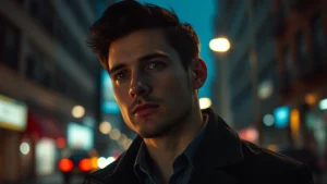 Professional actor in moody lighting against urban backdrop, contemplative expression, cinematic color grading, shallow depth of field, modern film production aesthetic