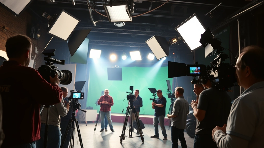 Film set with cameras, lighting rigs, and crew members during active production, dynamic composition, professional cinematography equipment visible, behind-scenes documentary style