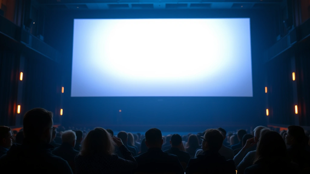 Movie theater interior with audience silhouettes watching screen, warm ambient lighting, seats in focus, immersive cinema experience, contemporary multiplex environment