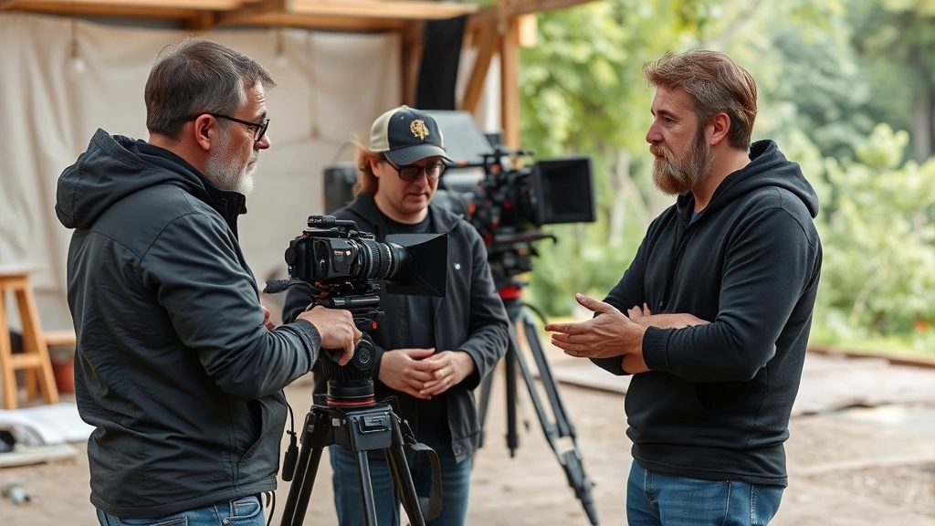 Film production environment with director and actor collaborating on set, creative discussion during scene preparation, professional cinema equipment in background, natural workplace atmosphere