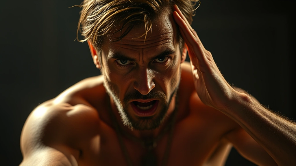 Actor in character transformation, showing physical and psychological depth of performance, cinematic lighting setup, dramatic intensity without visible dialogue or text elements