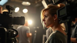 Young actress in professional film production setting, surrounded by cinematography equipment and crew members, sophisticated studio lighting illuminating her face during intense dramatic scene preparation