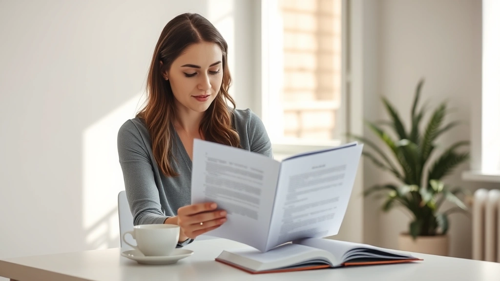 Professional female actor reviewing script on minimalist desk with coffee, natural window lighting, focused expression studying pages, modern home office environment