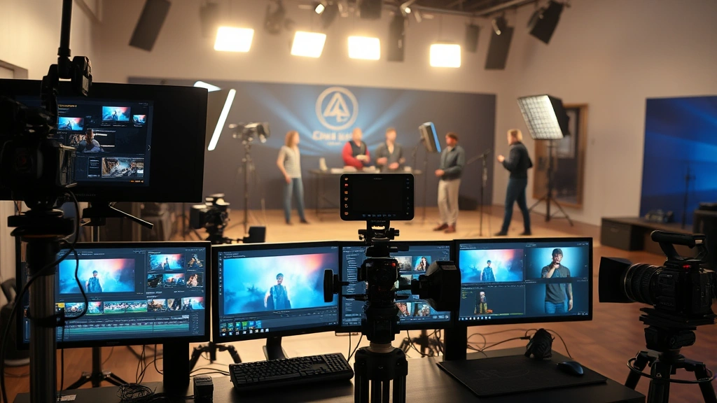 Film production set with multiple monitors displaying editing software, color grading panels, digital cinematography equipment, professional studio lighting setup with crew in background