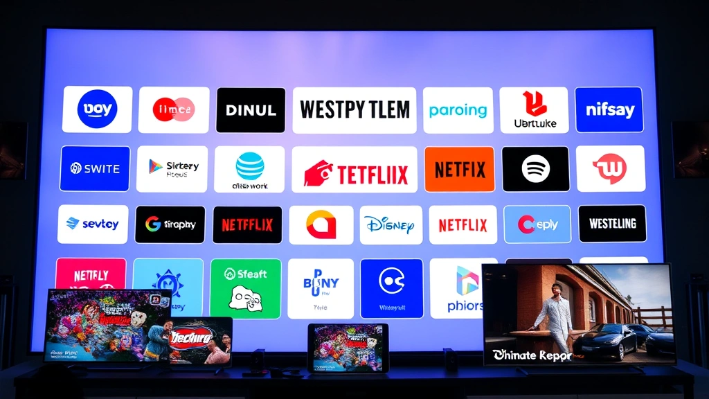 Diverse streaming service logos and platform icons displayed on large digital screen, modern tech environment, multiple viewing devices showing video content, contemporary media consumption setup