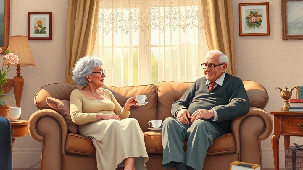 Watercolor-style animation depicting an elderly couple sitting on a worn sofa in a modest British living room, soft warm lighting streaming through lace curtains, afternoon tea on a small side table, intimate domestic scene capturing decades of shared life together, photorealistic rendering of nostalgic comfort and companionship