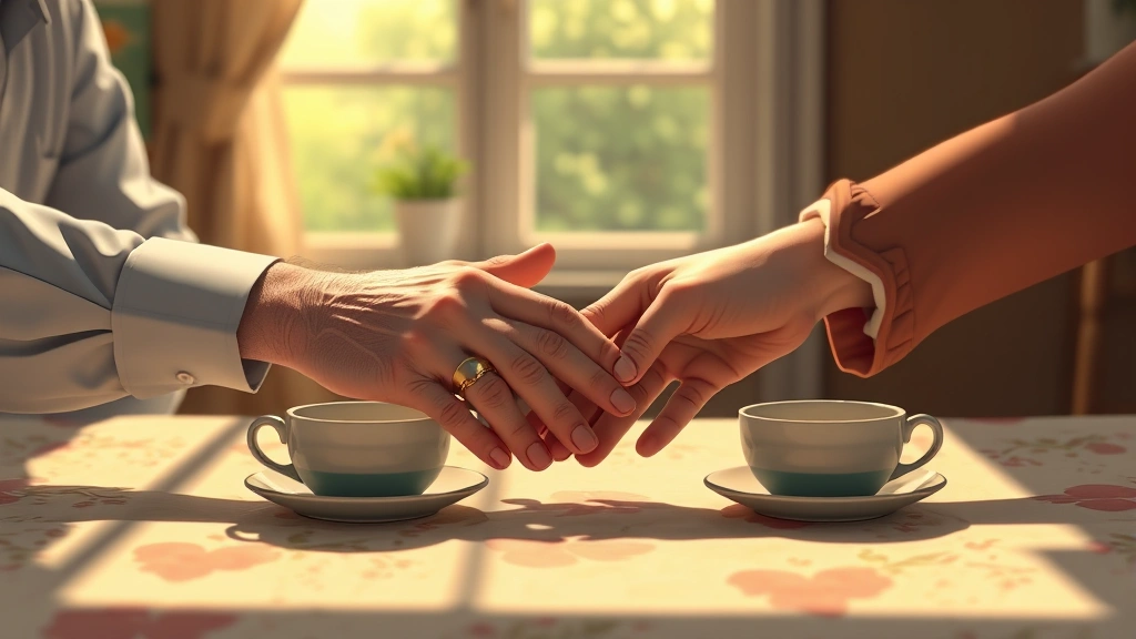 Animated scene showing hands of an older man and woman gently touching across a kitchen table, subtle wrinkles and age spots visible, morning sunlight creating soft shadows, simple ceramic tea cups and vintage tablecloth, intimate gesture conveying wordless communication and lifelong partnership in quiet moment