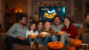 Family sitting together on comfortable couch watching Halloween movie in dimly lit living room, pumpkins and autumn decorations visible, popcorn bowls, warm cozy atmosphere, everyone smiling and engaged
