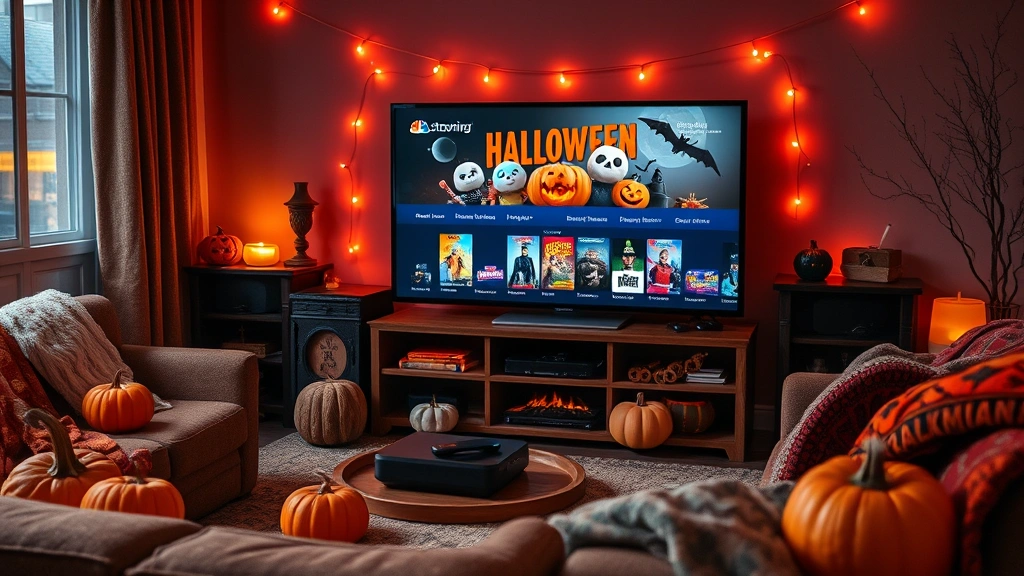 Halloween movie marathon setup with streaming device on television screen, surrounded by Halloween candy, decorative pumpkins, fall blankets draped over furniture, festive atmospheric lighting, family-friendly scene