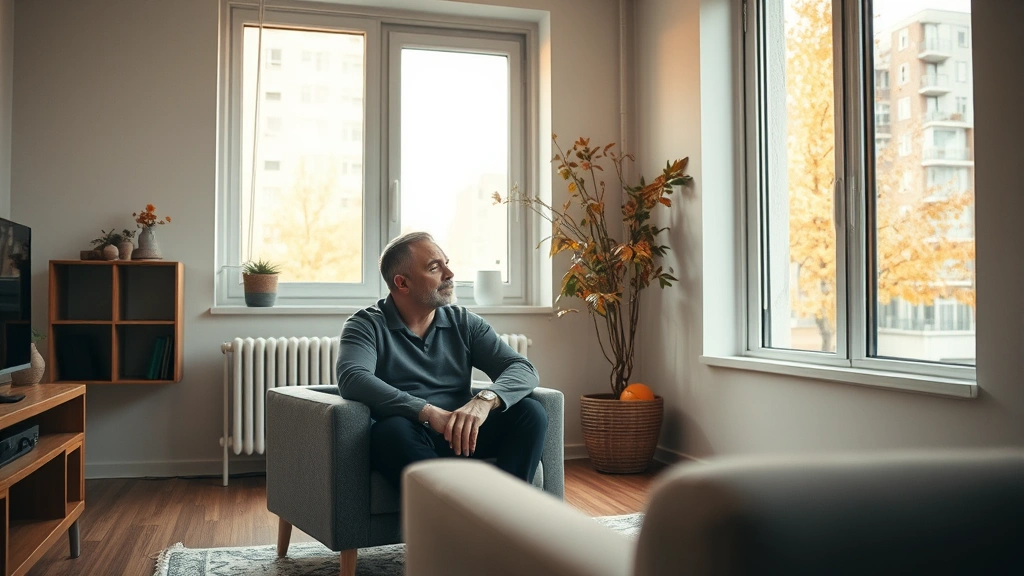 Middle-aged man sitting alone in sparsely furnished urban apartment, natural light from window, contemplative expression, warm autumn afternoon lighting, photorealistic contemporary setting