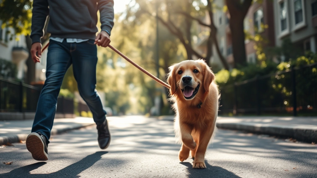 Golden retriever dog on leash walking through neighborhood street with owner, dappled sunlight through trees, urban park setting, authentic candid moment between human and animal companion