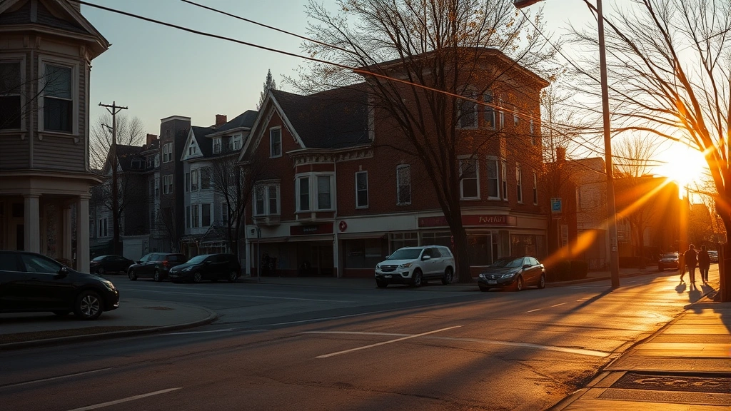 City neighborhood during seasonal transition, warm golden hour light casting long shadows across street, residential buildings and storefronts, atmospheric urban landscape with human figures in distance