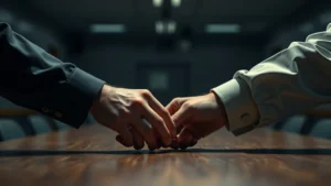 Close-up of two men's hands almost touching across a table in dim institutional lighting, tension palpable, blurred background suggesting police academy setting, photorealistic, cinematic tension