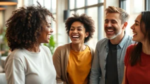 Group of diverse friends laughing together in casual modern setting, warm natural lighting, candid moment showing genuine connection and joy between characters