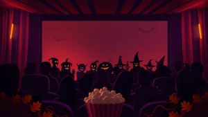 Digital illustration of Halloween movie projector screen showing silhouettes of laughing audience members wearing costumes in dark theater with orange and purple ambient lighting, popcorn visible in foreground, autumn decorations around edges, photorealistic style, no text or letters