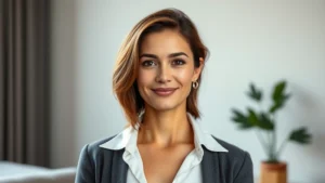 Professional headshot of confident adult female actor in contemporary setting, soft studio lighting, neutral background, modern clothing, professional demeanor, confident expression