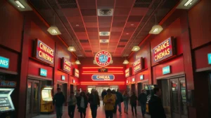 Wide shot of 1980s multiplex cinema interior with neon signage, multiple entrance doors, and crowds of teenagers and families walking through arcade area, warm theatrical lighting, photorealistic detail
