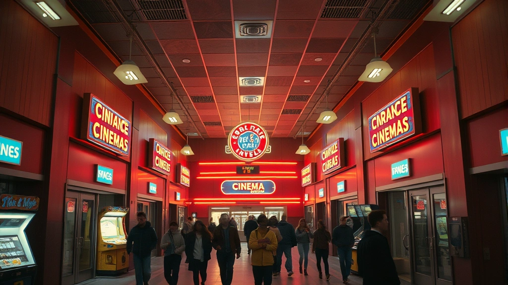 Wide shot of 1980s multiplex cinema interior with neon signage, multiple entrance doors, and crowds of teenagers and families walking through arcade area, warm theatrical lighting, photorealistic detail