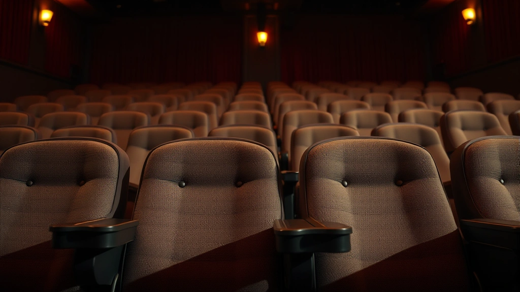 Close-up of vintage movie theater seating with worn fabric, cup holders, and armrests, warm amber lighting creating nostalgic atmosphere, empty theater ready for screening