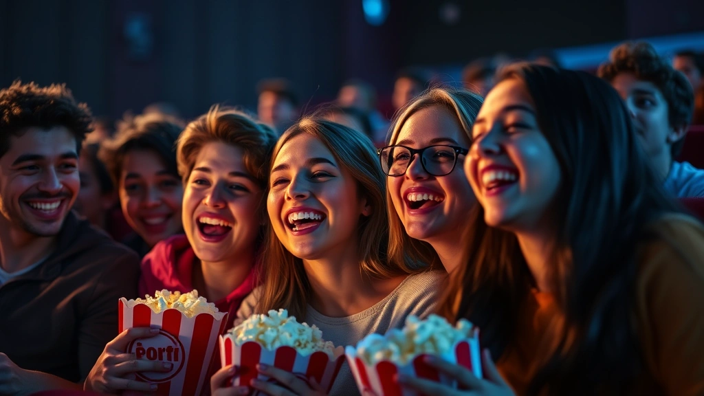 Cinematic composition of young adults and teenagers laughing together in a movie theater, faces illuminated by screen glow, popcorn boxes visible, genuine joy and social connection captured, warm lighting