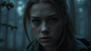 Close-up of a young woman's determined face in a dark forest setting, surrounded by pine trees and mist, cinematic lighting emphasizing focus and intensity