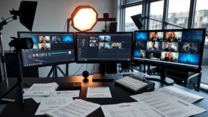 Digital media production workspace with monitors showing film editing software, professional lighting setup, and casting documents spread across desk, modern studio environment