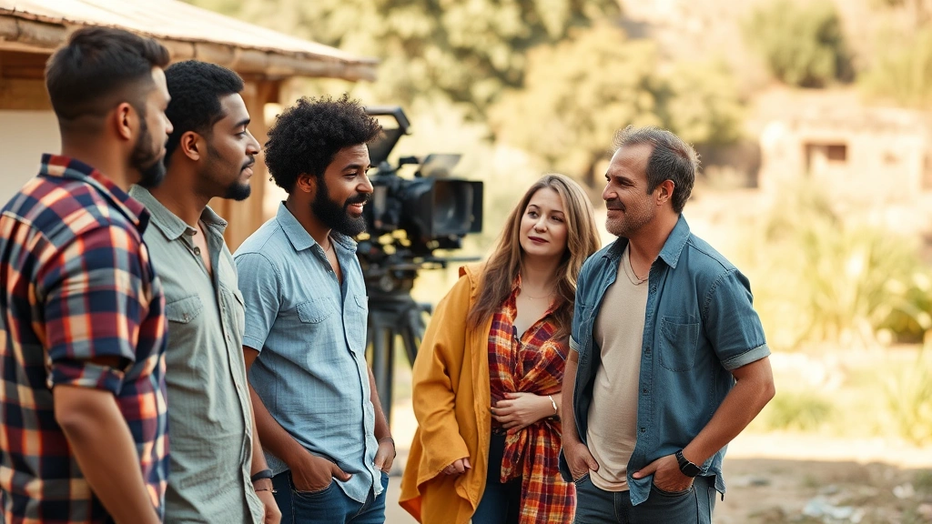Group of diverse actors in casual conversation on a film set, professional production equipment visible in background, natural outdoor location with cinematic lighting