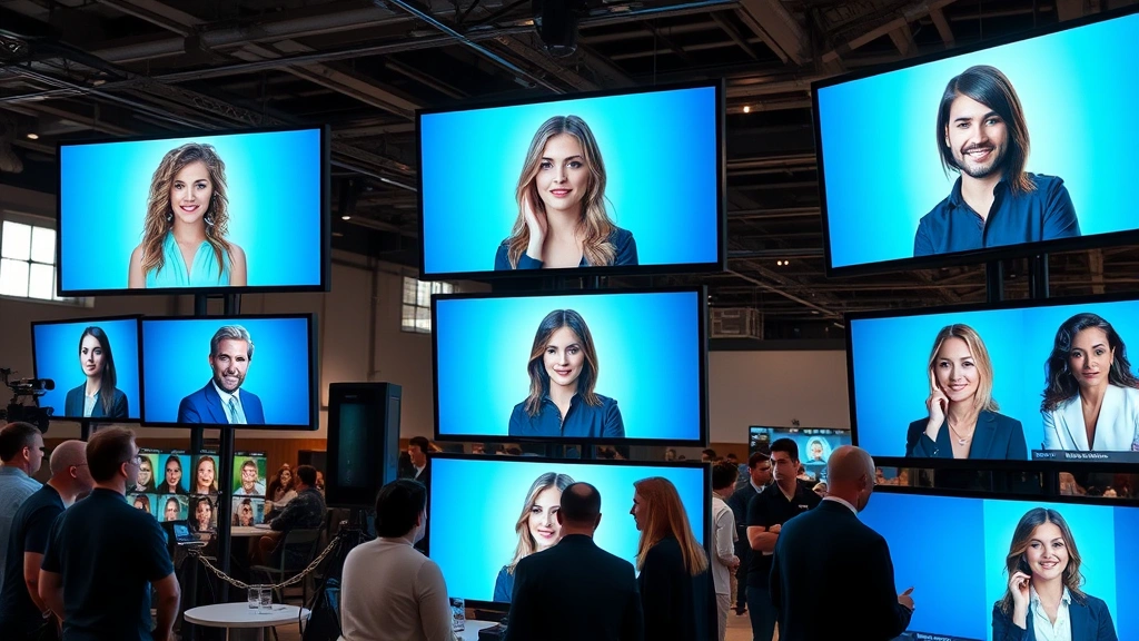 Professional headshots and career portfolio materials displayed on digital screens, film industry networking event backdrop, modern entertainment industry setting